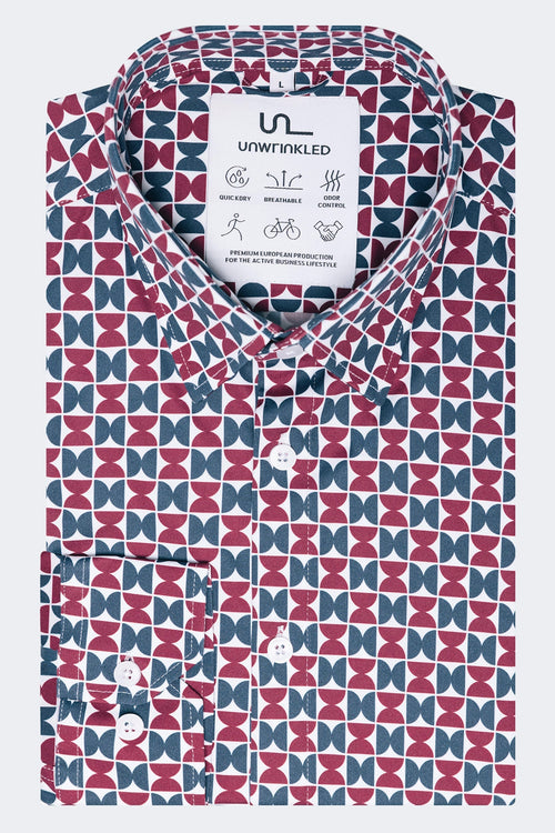 UNWRINKLED Geo Nordic Burgundy - patterned business performance shirt