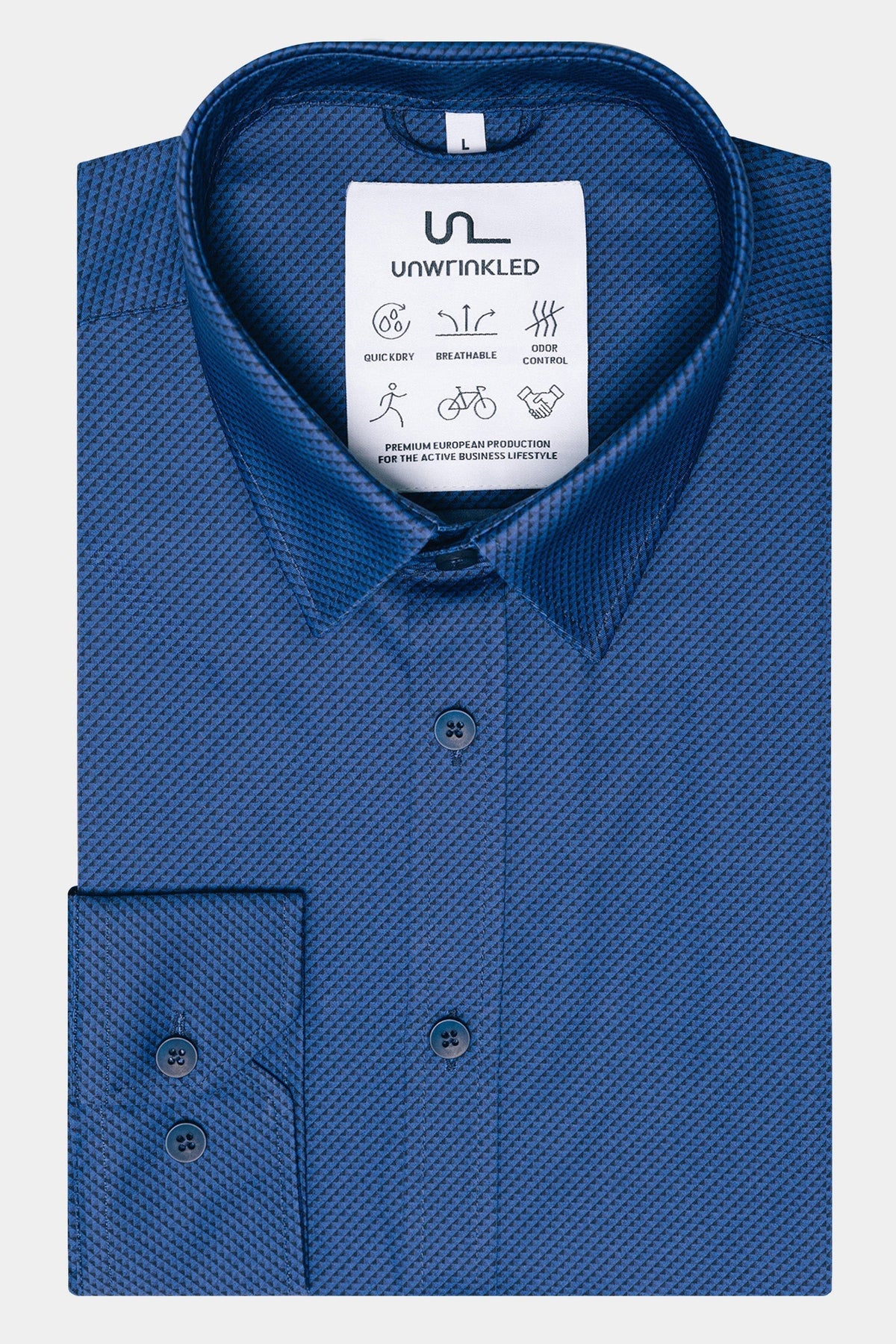 Gefaltetes dunkelblaues Business-Performance-Herrenhemd New Oxford Navy von UNWRINKLED mit Kragen und Manschette
