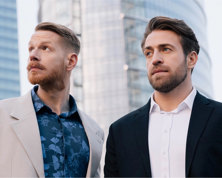 Two men in shirts from Unwrinkled